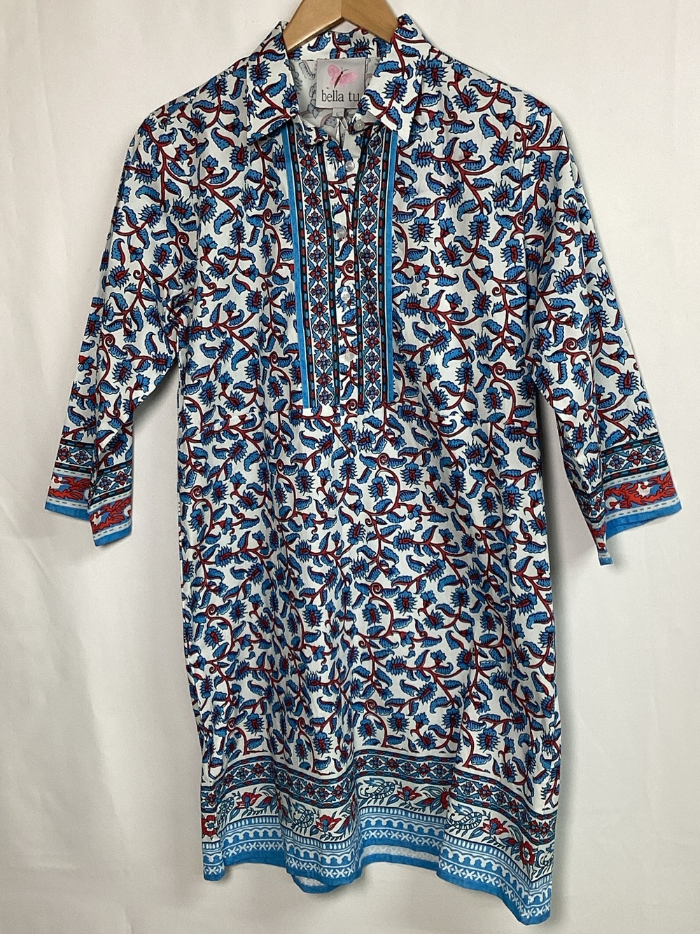 NWT BELLA TU Charlie Shirt Dress Blue and Red Size L